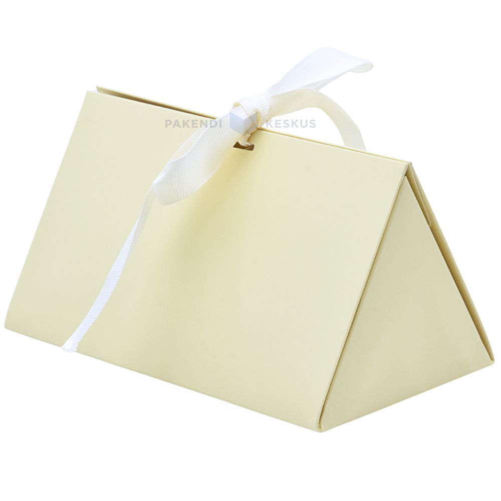 Beige triangular gift box with ribbon 170x100x85mm - Pakendikeskus