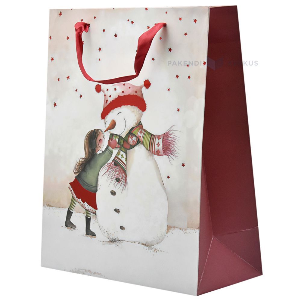 Girl adjusting snowmans scarf print paper bag with ribbon handles 26 ...